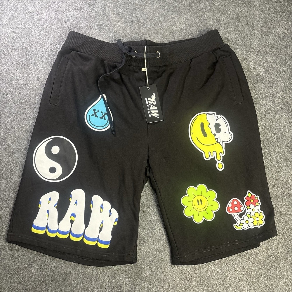 RAW On The Now Graphic Sweat Shorts Black Smiley Yin Yang Men's Streetwear.  A10
